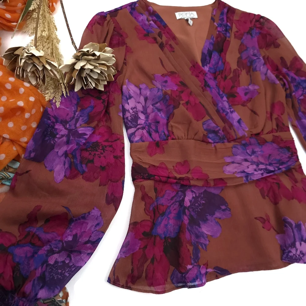 Sofia Veragara Floral Blouse in Brown Purple & Red Sz XS 0-2 - Picture 2 of 11